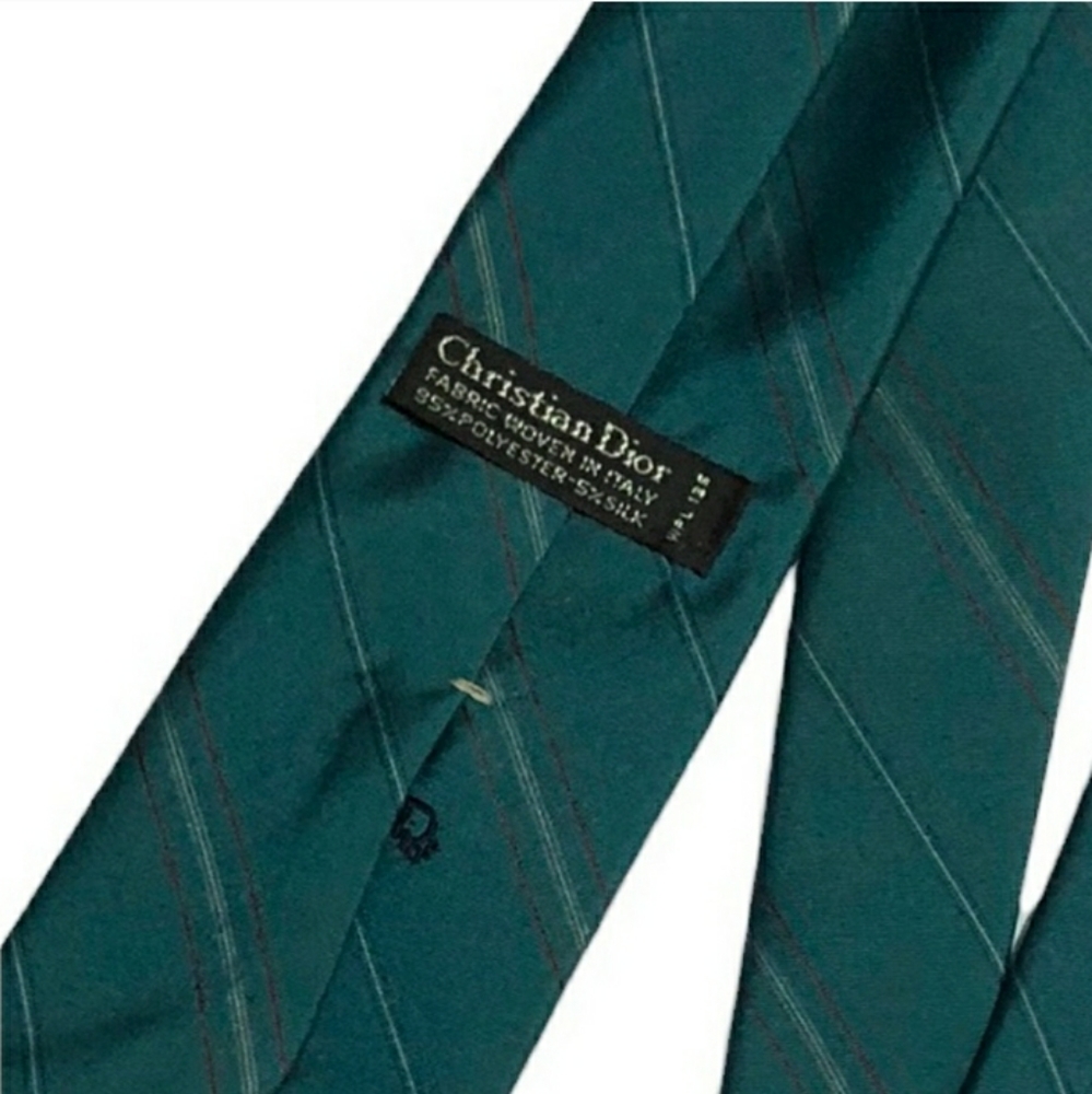CHRISTIAN DIOR Teal Striped Silk Blend Tie- VINTAGE - Picture 6 of 8
